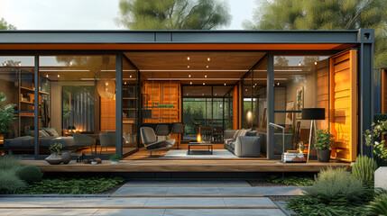Layout of a container house, exterior of a container house - obrazy, fototapety, plakaty