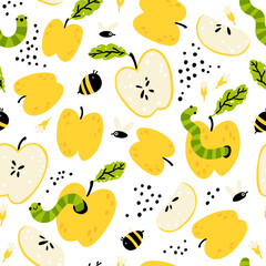 Apple Seamless pattern with worms, bees, fruits. Natural summer colorful background in simple cartoon hand-drawn style. Funny illustration