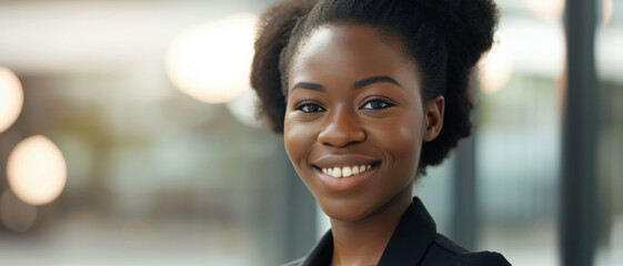 Young professional's smile beams, her success resonating in the urban morning