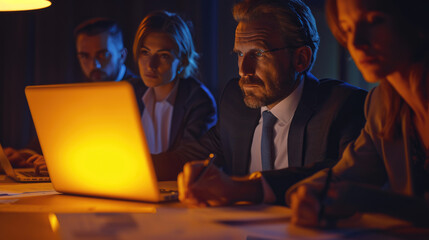 Capture the essence of corporate strategy with executives engaged in intense negotiations, their expressions lit by the glow of a laptop displaying financial models and strategic plans.