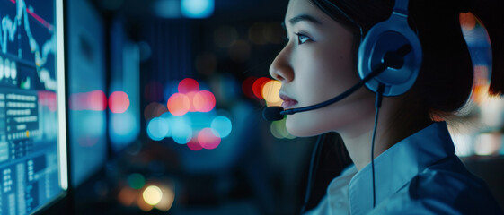 911 operator immersed in her crucial role, a lifeline in the neon-lit night