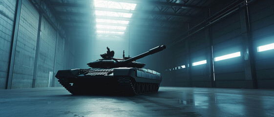 A sleek, modern tank stands ready in a vast, dimly-lit hangar, exuding power and readiness - obrazy, fototapety, plakaty