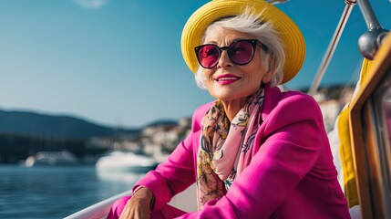 Stylish Mature Woman Enjoying Boat Ride in Bright Outfit