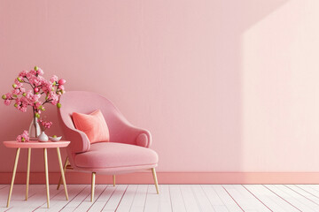Modern cozy armchair interior design home living room or color wall furniture decor. Stylish trendy minimal chair and table with house decoration luxury contemporary background. Furniture store ads .