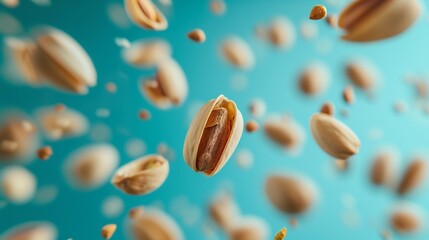 flying pistachios in the air on turquoise background