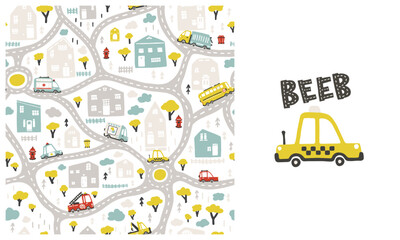 Naklejka premium Map of kids city with roads and transport. Vector seamless pattern and illustration with taxi car in the set. Cartoon illustration in childish hand drawn scandinavian style. Ideal for baby clothes