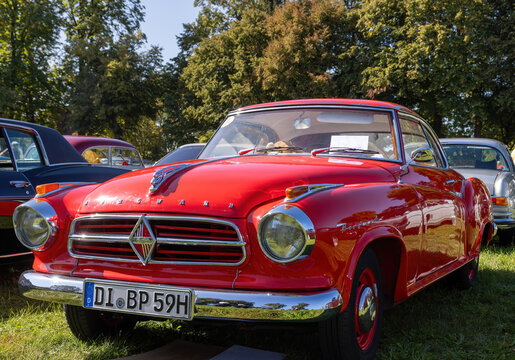 Weiterstadt, Germany September 24, 2023: Borgward Isabella in red at Chromblitz in Weiterstadt at Braunshardt Castle