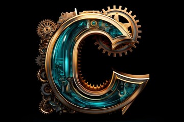 A Steampunk Letter C With Gears Azure Gold. Concept Gothic Architecture, Haunting Castles, Enchanted Forests, Mysterious Moonlit Nights, Eerie Graveyards