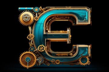 A Steampunk Letter E With Gears Azure Gold. Concept Steampunk Fashion, Letter E Design, Gears And Machinery, Azure And Gold Colors