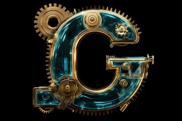 Letter 'G' Transformed Into A Steampunk Medley Of Azure Gold And Gears. Concept Creative Typography, Steampunk Design, Letter Transformation, Industrial Elements, Azure And Gold Color Palette - obrazy, fototapety, plakaty