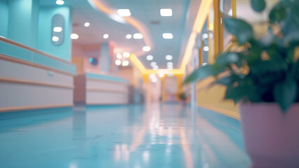 Empty children's hospital ward,  a softly blurred hospital environment