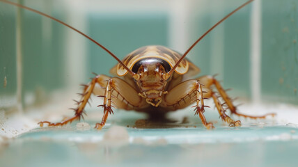 macro view of a cockroach in the kitchen, showcasing a roach invasion and the need for immediate pest control intervention.