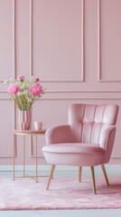 Modern cozy armchair interior design home living room or color wall furniture decor. Stylish trendy minimal chair and table with house decoration luxury contemporary background. Furniture store ads .