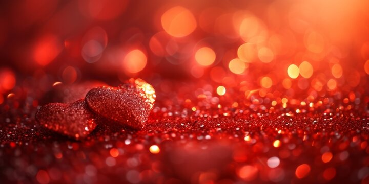 Valentine's Day Celebration: Abstract Golden Bokeh Hearts On A Red Background. Concept Romantic Dinner Date, Love Letter Exchange, Heart-Shaped Chocolate Desserts, Candlelit Movie Night