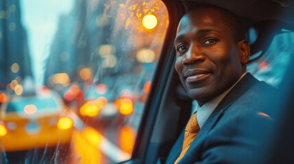 Businessman Enjoying Rainy City Taxi Ride.
Smiling African American man in a yellow taxi on a rainy...