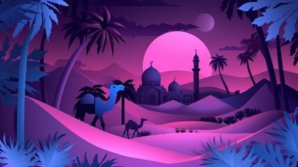 Arabian Night in Desert. Vector illustration. Place for text. Ramadan Kareem landscape, camel caravan, mosque and palms in oasis, paper cut 3d style. Ramadhan creative modern banner poster