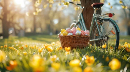 Selbstklebende Fototapete Fahrrad Springtime Easter Egg Basket on Bicycle. Basket full of colourful Easter eggs resting on a vintage bicycle in a vibrant spring park.