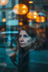 Obraz premium Woman looking through the glass of a coffee shop