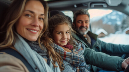 Fototapeta na wymiar Happy family enjoying a road trip in a spacious SUV, highlighting the joy of family adventures. 