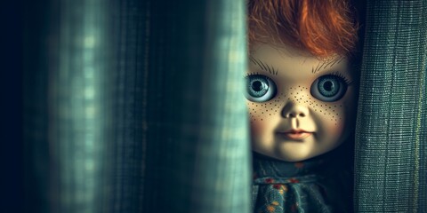 Eerie Doll Peering Through A Window Evoking An Unsettling Atmosphere. Concept Haunting Portraits, Creepy Doll Photography, Spooky Window Scenes, Unsettling Atmosphere