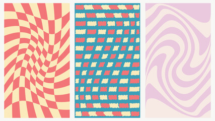 Groovy checkered seamless patterns, vintage aesthetic backgrounds, psychedelic checkerboard texture. Funky hippie fashion textile print, retro background with distorted grid tile vector pattern