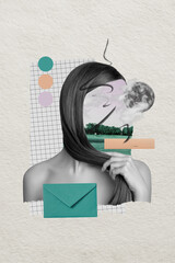 Retro abstract artwork template collage of attractive female faceless nature full moon letter weird...