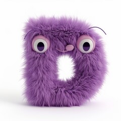 Letter D With Cute Fluffy Monster 3D Character Deep Purple Color White Background. Concept Colorful Abstract Art, Adventure Landscapes, Elegant Black And White Portraits, Magical Fairy Tale Themes