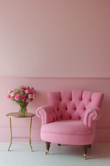 Modern cozy armchair interior design home living room or color wall furniture decor. Stylish trendy minimal chair and table with house decoration luxury contemporary background. Furniture store ads .