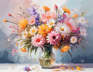 A bouquet of spring flowers in a vase. Watercolor style