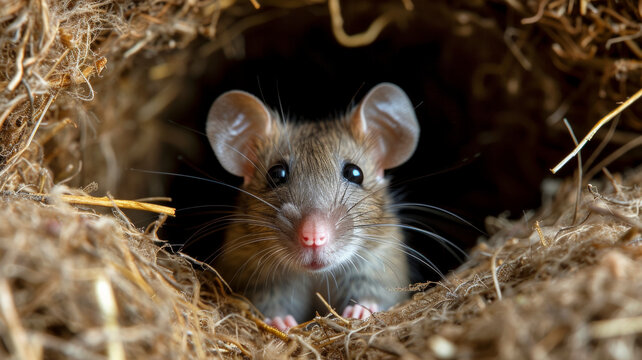 Rat appears from nest in an attic space, exposing the necessity of professional pest control services 