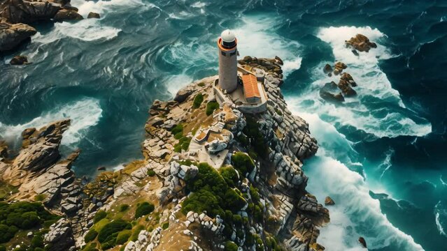 Stunning aerial view of the old and beautiful lighthouse located on the coast
