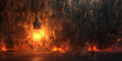 Old Eerie Room With A Swinging Light Bulb Peeling Wallpaper And Blazing Fire. Concept Abandoned Haunted House, Creepy Atmosphere, Vintage Decay, Flickering Shadowplay - obrazy, fototapety, plakaty
