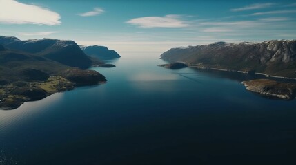 Naklejka na ściany i meble AI-generated illustration of A stunning aerial view of a picturesque fjord with lush green hills.