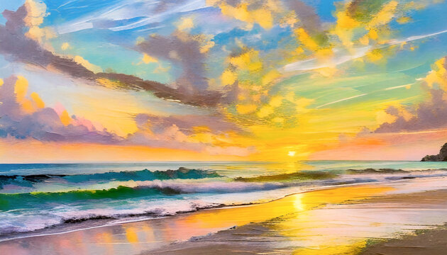 Painting of a view of the sunrise from the beach of the sky with colorful clouds, and ocean waves at the shoreline