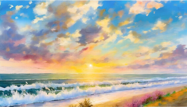 Painting of a view of the sunrise from the beach of the sky with colorful clouds, and ocean waves at the shoreline