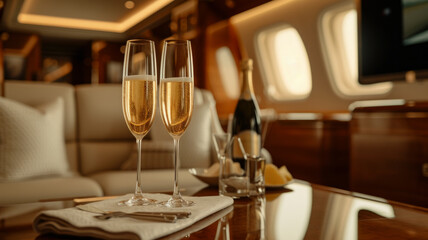 Glasses of champagne on private jet flight. Opulent travel: Champagne glasses gleam capturing the essence of luxury, success, high-flying elegance. Perfect for corporate and lifestyle design projects.
