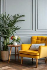 Modern cozy armchair interior design home living room or color wall furniture decor. Stylish trendy minimal chair and table with house decoration luxury contemporary background. Furniture store ads .