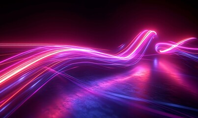 cycled 3d animation. Abstract neon background. Dynamic lines glowing in the dark room with floor reflection. Virtual fluorescent ribbon loop. Fantastic minimalist wallpaper. Generative AI - obrazy, fototapety, plakaty