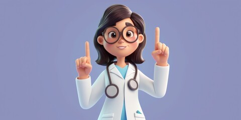 3d render. Cartoon character caucasian woman doctor wears glasses and uniform. Finger pointing up. Medical clip art isolated on blue violet background. Health care advice, medical, Generative AI