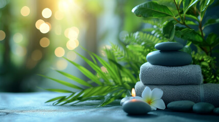 Wellness spa still life, holistic stones healing candles  and serene atmosphere with a softly blurred health facility backdrop - obrazy, fototapety, plakaty