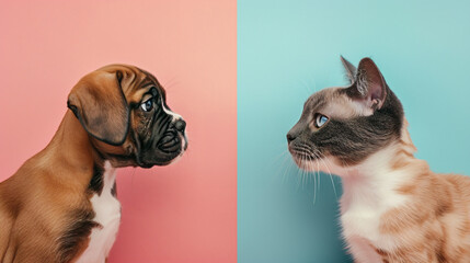 Divided image, closeup portrait of cat and puppy, blue and pink background. With copy space. Minimalistic style. Versus concept. For design, print, card, banner, poster, flyer,
