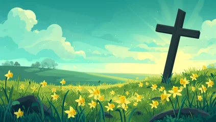 Fotobehang an easter landscape with a cross and daffodils in the background Generative Ai © SKIMP Art