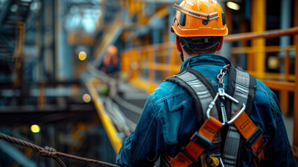 Construction workers wearing secured harnesses for fall protection, highlighting the commitment to safety at heights. Health and safety.