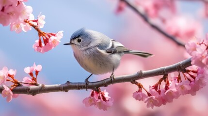 sits perched on a branch of cherry blossom trees
