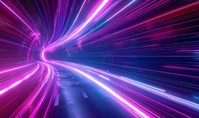 Naklejka premium 3d render, abstract neon background, space tunnel turning to left, ultra violet rays, glowing lines, virtual reality jump, speed of light, space and time strings, highway night, Generative AI