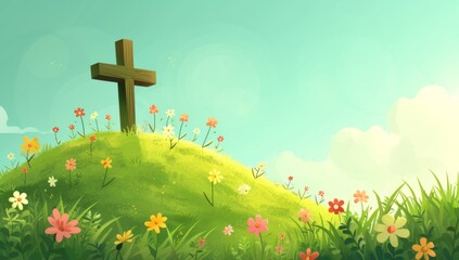an easter cross with flowers and a grassy hill Generative AI