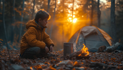 A boy building a fire in a fire pit made out of bucket near the tent in the forest. Starting a campfire- Starting a fire using a fire striker- bushcraft and primitive skills. - obrazy, fototapety, plakaty