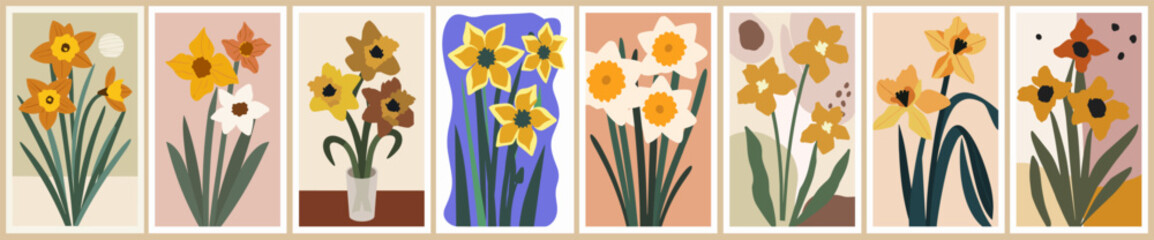 Abstract flower posters set. Trendy botanical wall arts with Daffodil, March birth month flower in hippie style. Modern naive groovy funky interior paintings. Colorful flat vector illustrations.