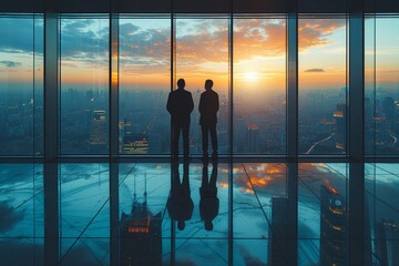 Fototapeta na wymiar Businessmen silhouette against city skyline at sunset