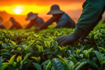 Tea Harvesting at Sunrise with Local Workers. - obrazy, fototapety, plakaty